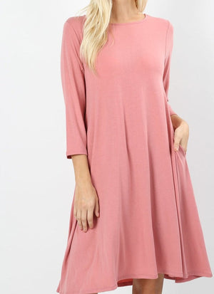 Dusty Rose Dress with 3/4 Sleeve and Pockets Dusty Rose Dress with 3/4 Sleeve and Pockets