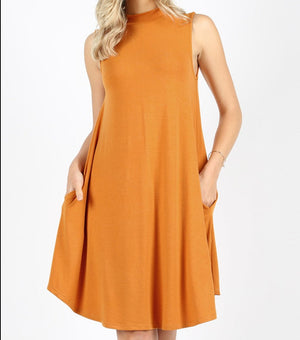 Sleeveless Mustard Mock Neck Dress with Side Pockets